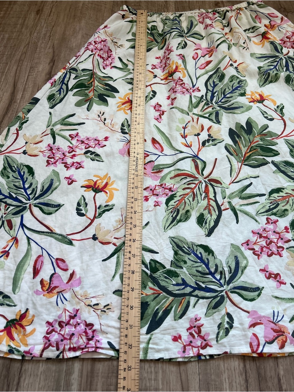 Linen blend Floral A-Line Midi Skirt in Cream with Green & Pink Floral Print - Picture 4 of 7